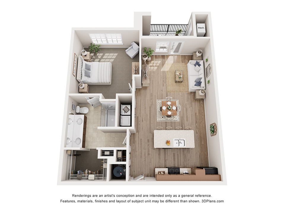 Floor plan for 1 bed, 1 bath, 889 sqft